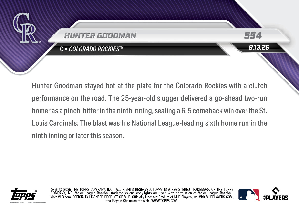 Hunter Goodman - 2025 MLB Topps NOW® - Card 554 - PR: 279