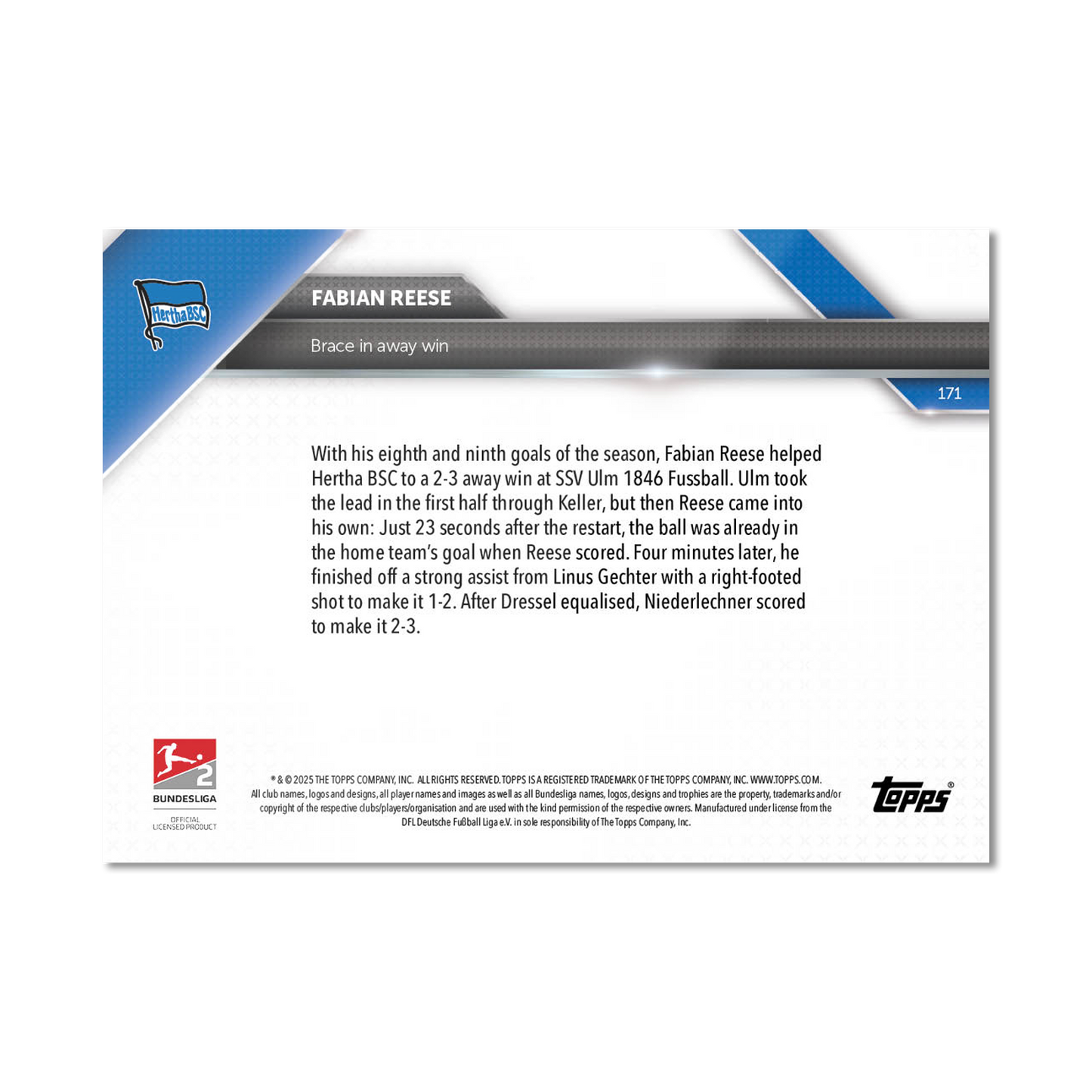 Fabian Reese - 2024-25 Bundesliga Topps NOW® Card 171 - PR: 184