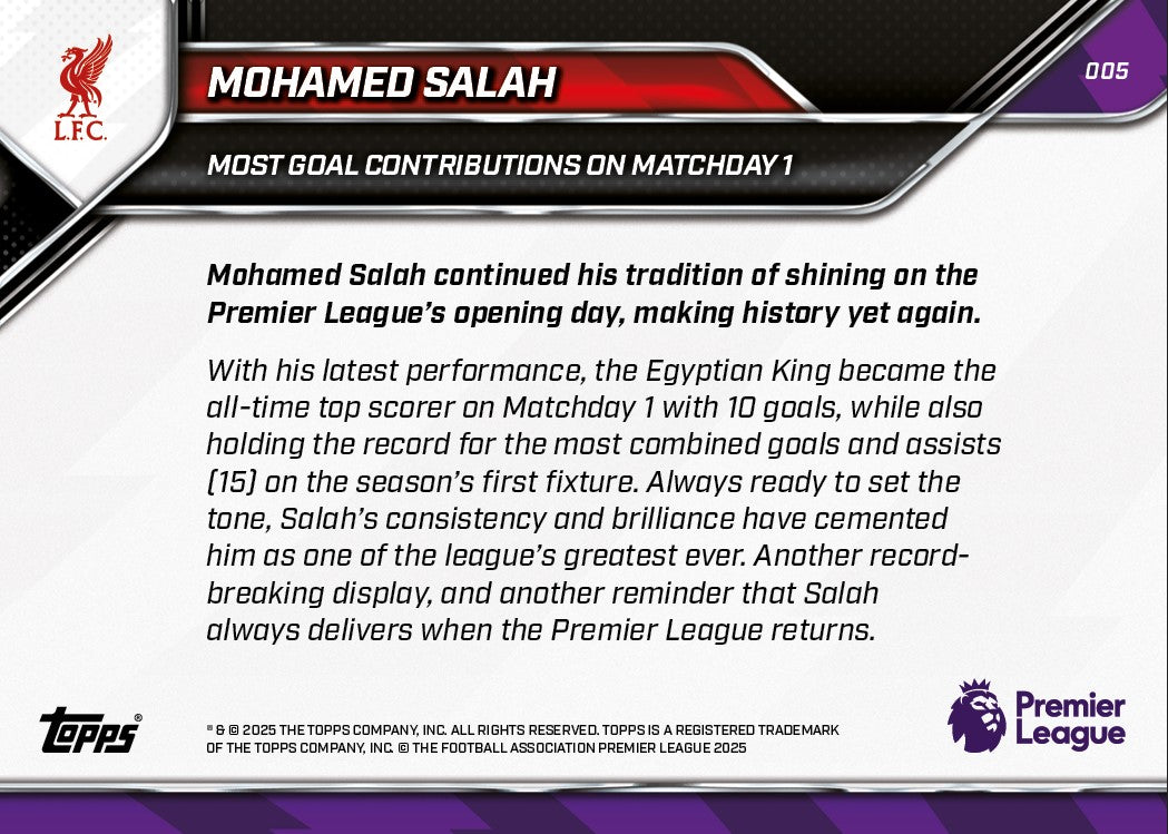 Mohamed Salah - 2025-26 Premier League Topps NOW® - Card 5 - PR: 2615