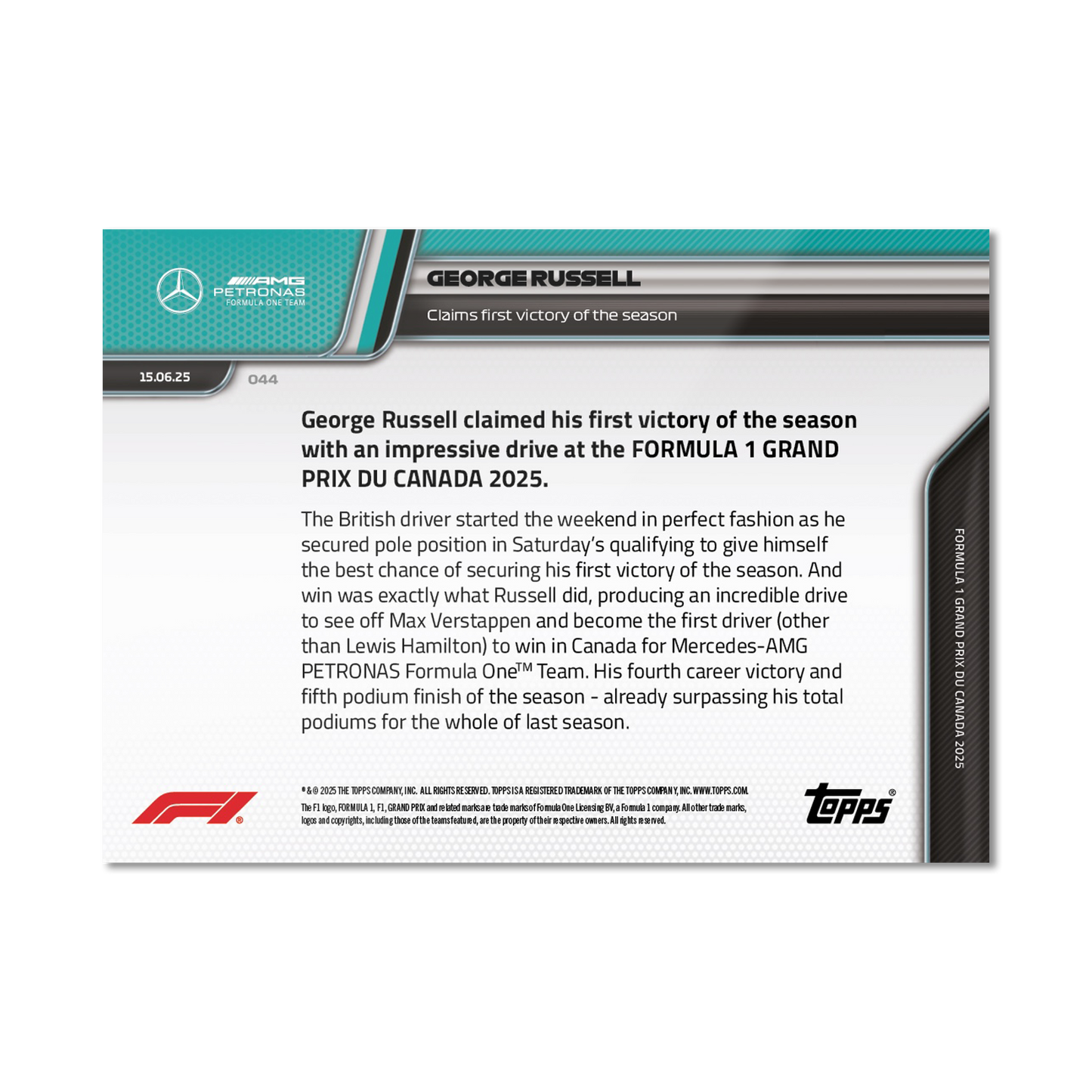 George Russell - 2025 Formula 1® Topps NOW® - Card 44 - PR: 1925