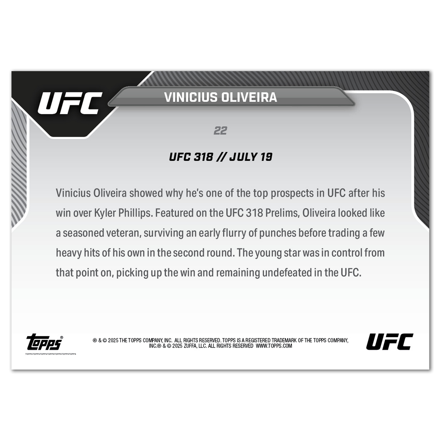 Vinicius Oliveira - 2025 UFC Topps NOW® - Card 22 - PR: 396