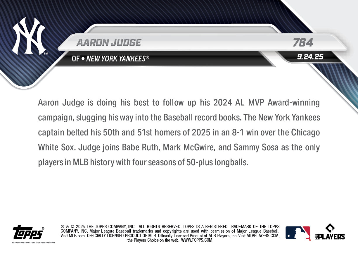 Aaron Judge - 2025 MLB Topps NOW® - Card 764 - PR: 10765