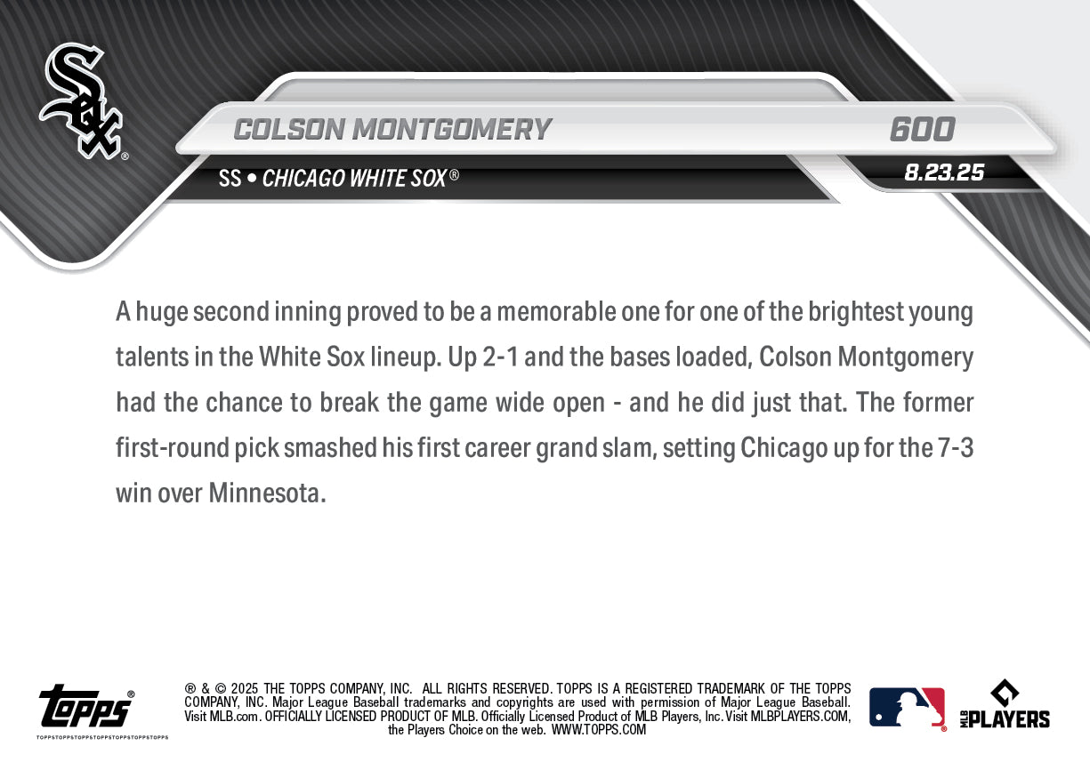 Colson Montgomery - 2025 MLB Topps NOW® - Card 600 - PR: 1131