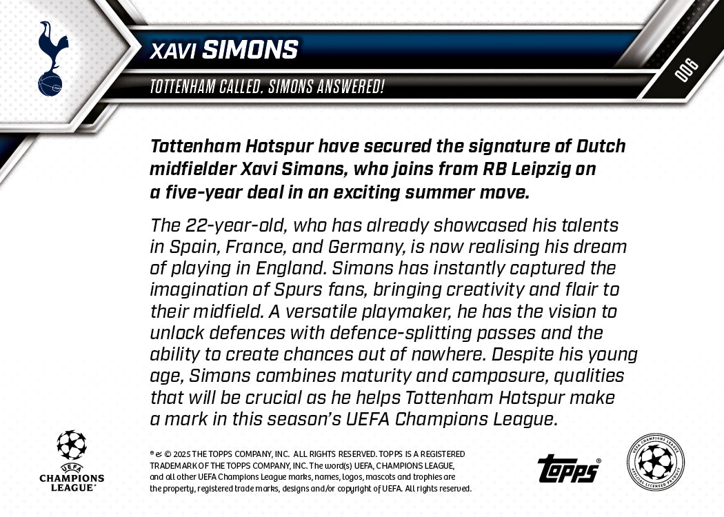 Xavi Simons - 2025-26 UCL Topps NOW® Card 6 - PR: 896