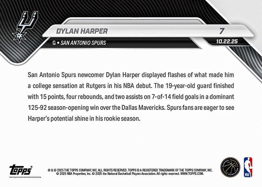 Dylan Harper - 2025-26 NBA Topps NOW® - Card 7 - PR: 6491