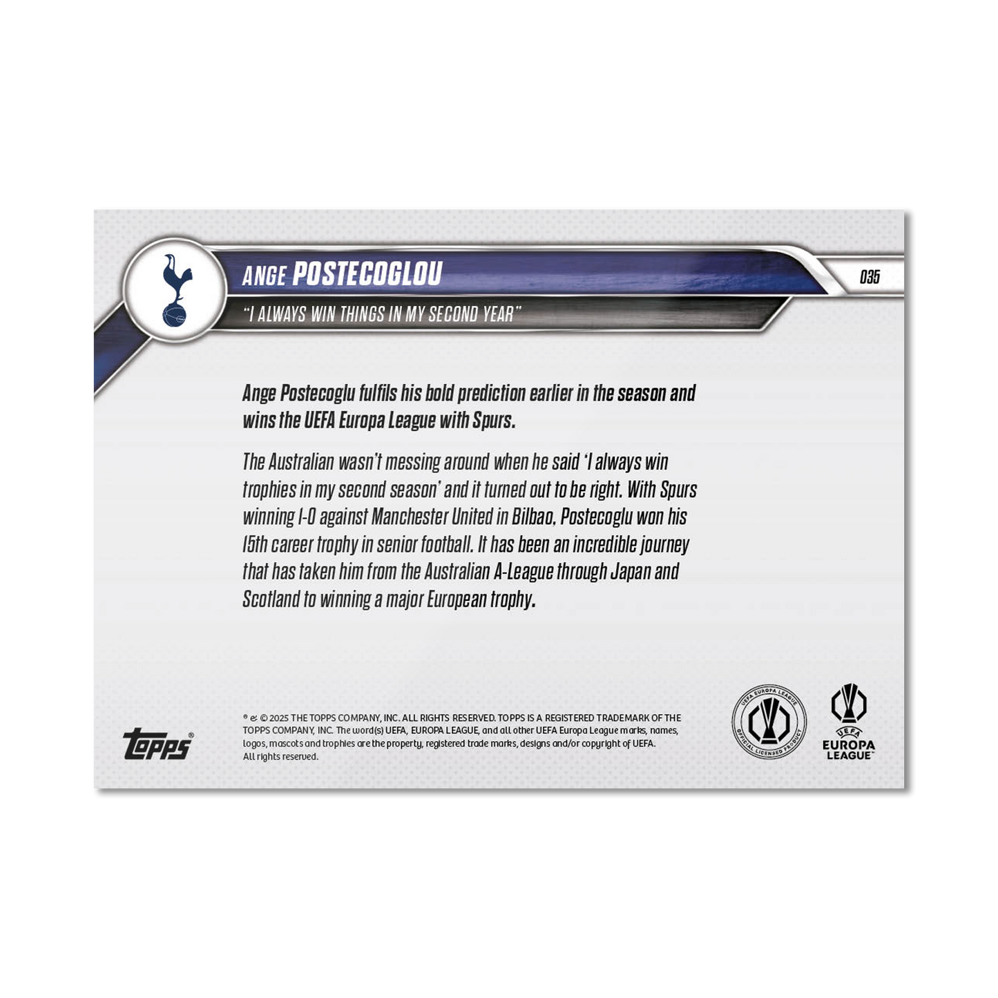 Ange Postecoglou - 2024-25 UEL Topps NOW® Card 35 - LOOK FOR RELIC - PR: 1765