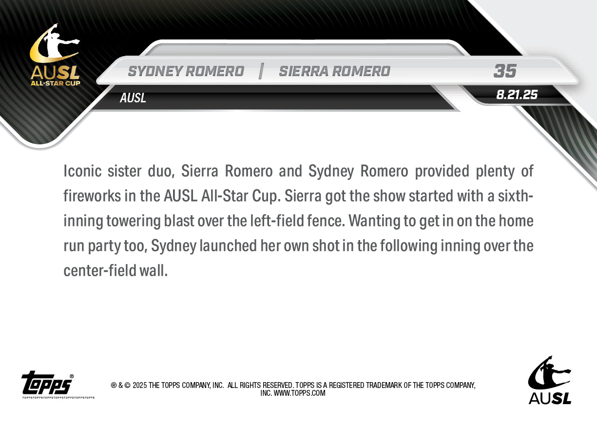 Sydney Romero/Sierra Romero - 2025 AUSL Topps NOW® - Card 35 - PR: 708