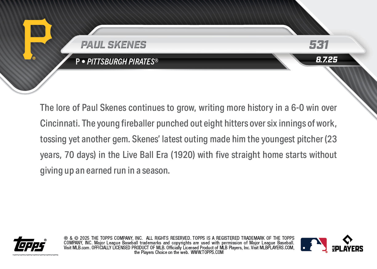 Paul Skenes - 2025 MLB Topps NOW® - Card 531 - PR: 3504