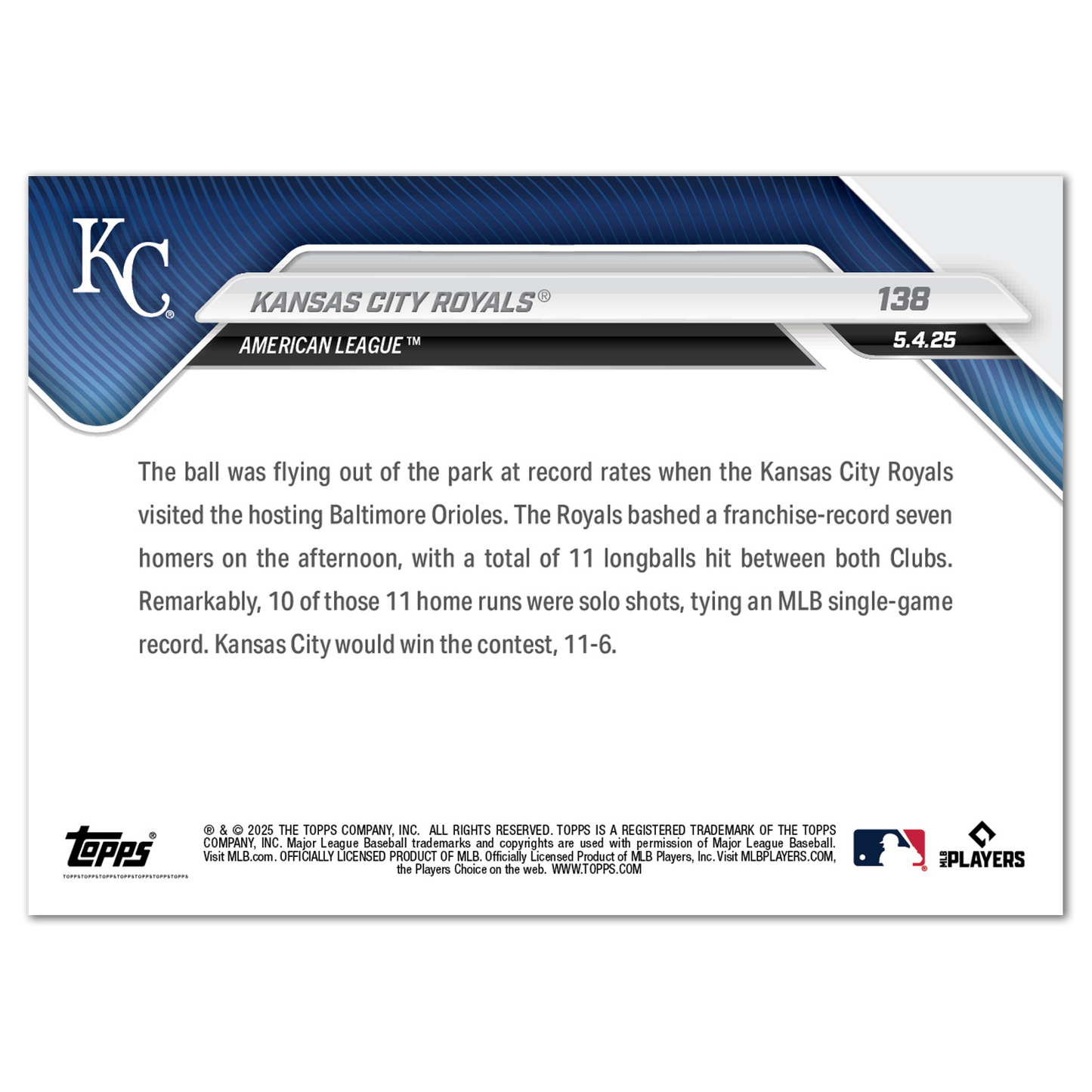 Kansas City Royals - 2025 MLB Topps NOW® - Card 138 - PR: 548