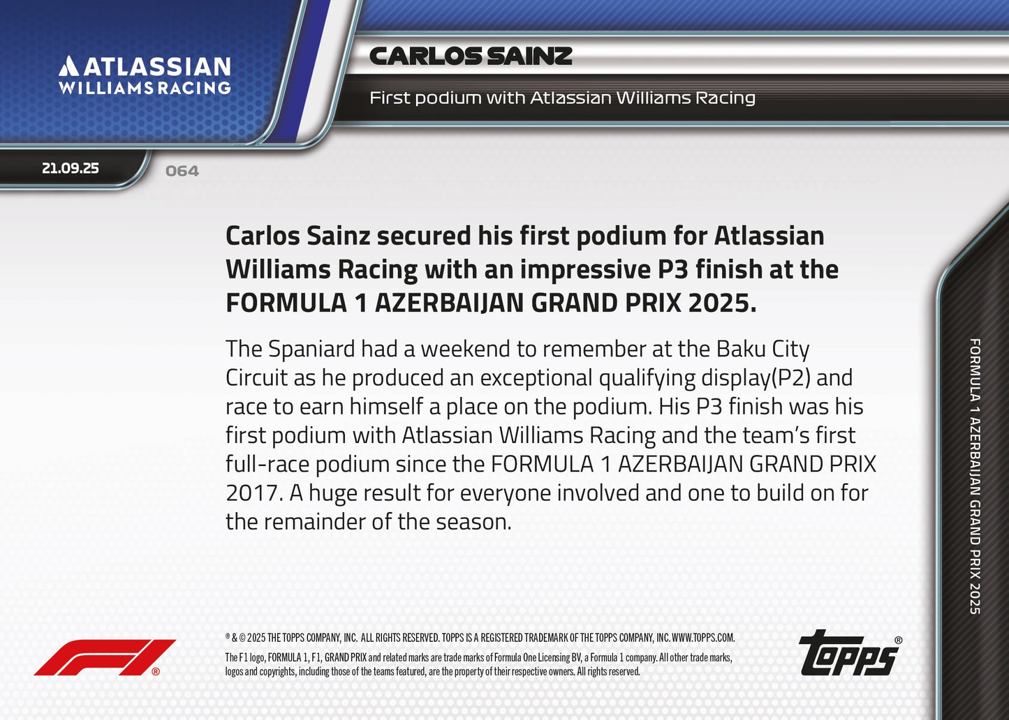 Carlos Sainz - 2025 Formula 1® Topps NOW® - Card 64 - PR: 2896
