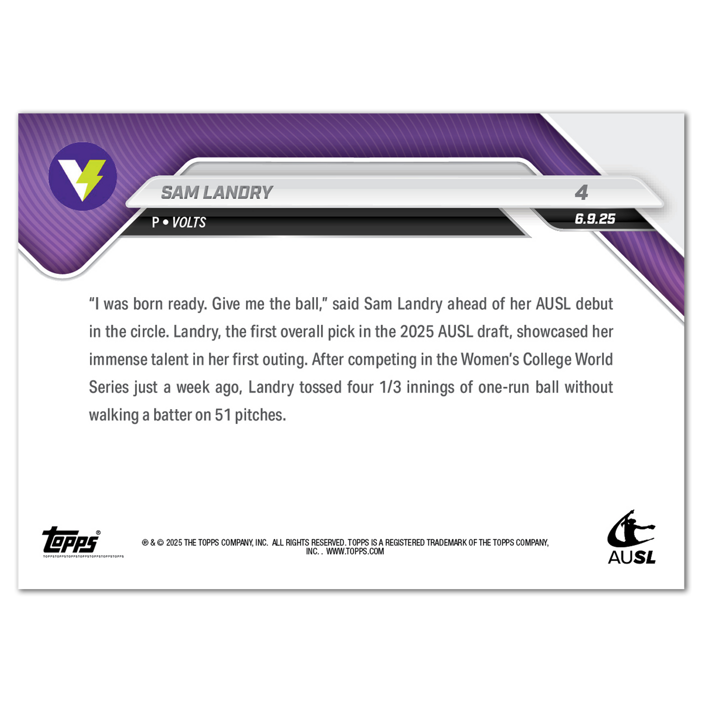 Sam Landry - 2025 AUSL Topps NOW® - Card 4 - LOOK FOR AUTOS - PR: 4357