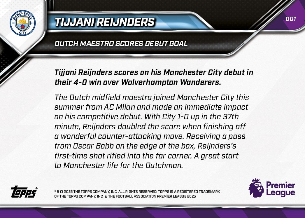 Tijjani Reijnders - 2025-26 Premier League Topps NOW® - Card 1 - PR: 867