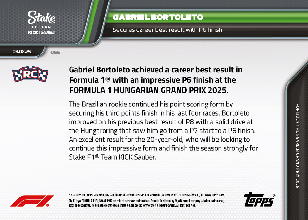 Gabriel Bortoleto - 2025 Formula 1® Topps NOW® - Card 56 - PR: 1394