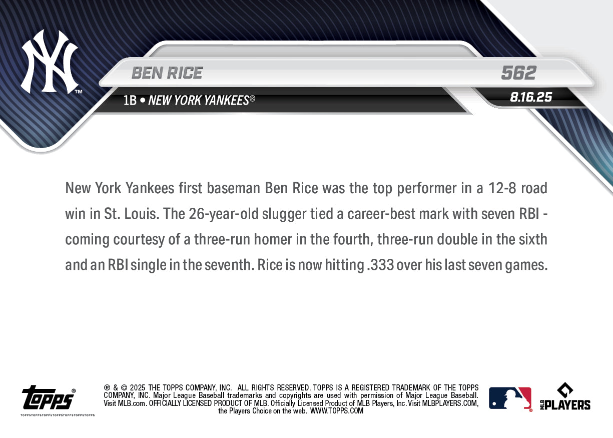Ben Rice - 2025 MLB Topps NOW® - Card 562 - PR: 1124