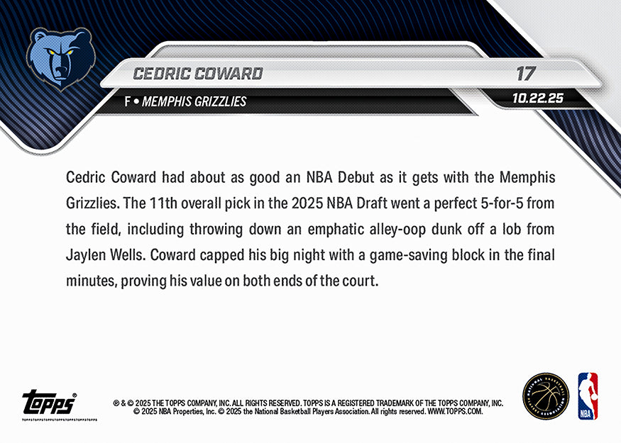Cedric Coward - 2025-26 NBA Topps NOW® - Card 17 - PR: 599