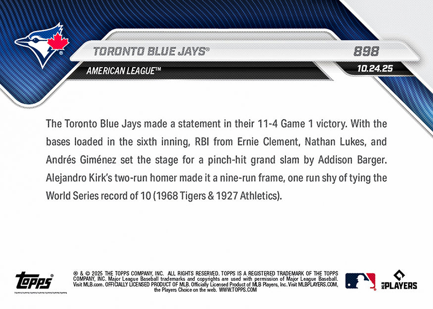 Toronto Blue Jays - 2025 MLB Topps NOW® - Card 898 - PR: 1840