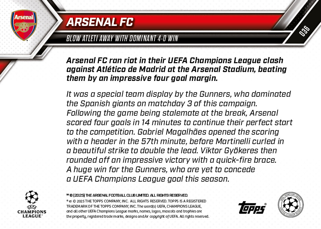 Arsenal FC - 2025-26 UCL Topps NOW® - Card 36 - PR: 1493