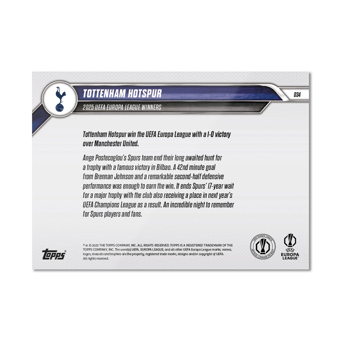 Tottenham Hotspur - 2024-25 UEL Topps NOW® Card 34 - LOOK FOR RELIC - PR: 6343