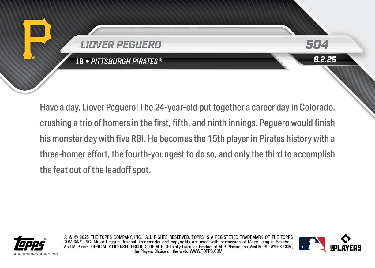 Liover Peguero - 2025 MLB Topps NOW® - Card 504 - PR: 396