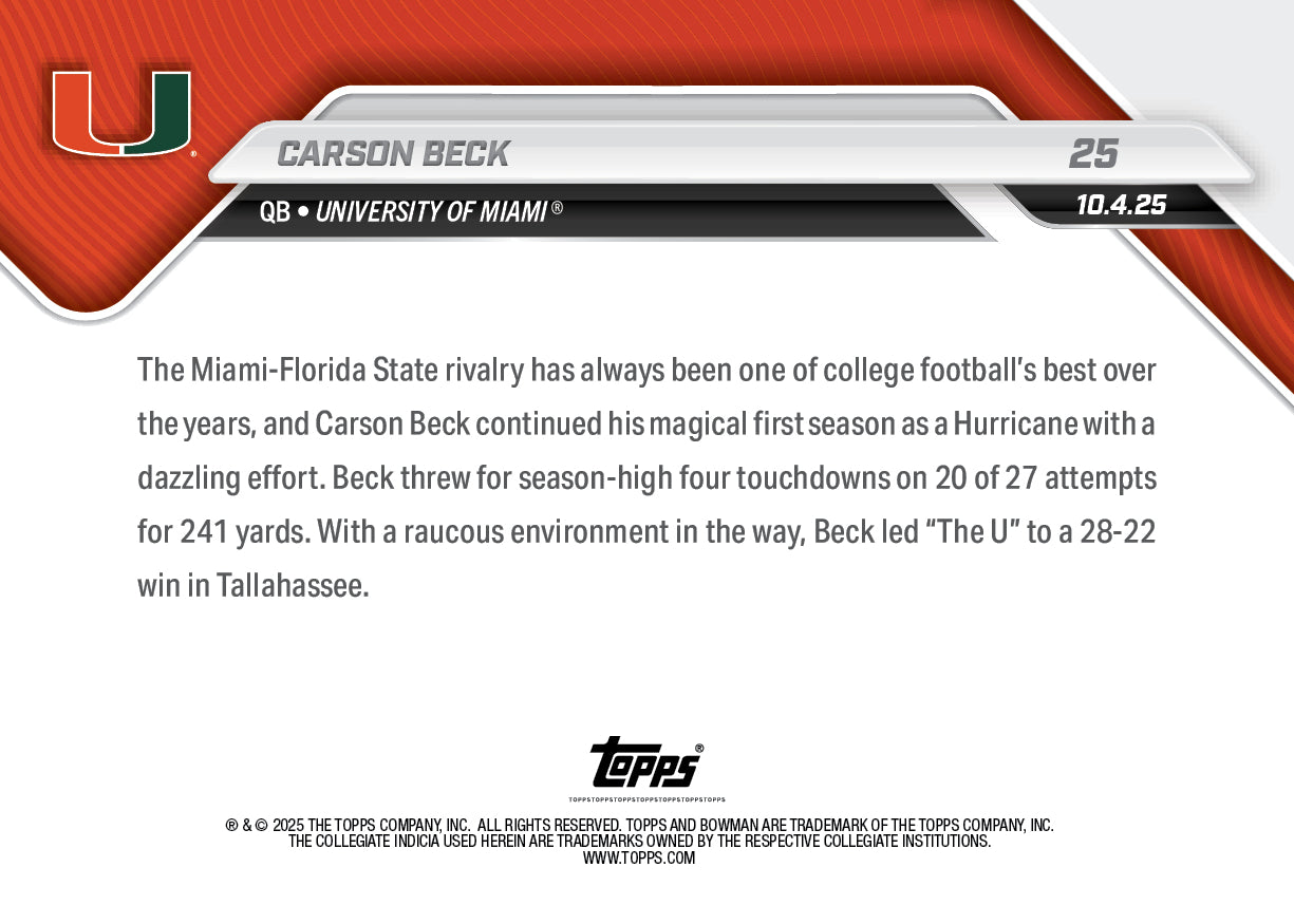 Carson Beck - 2025-26 Bowman U NOW® Football - Card 25 - PR: 1137