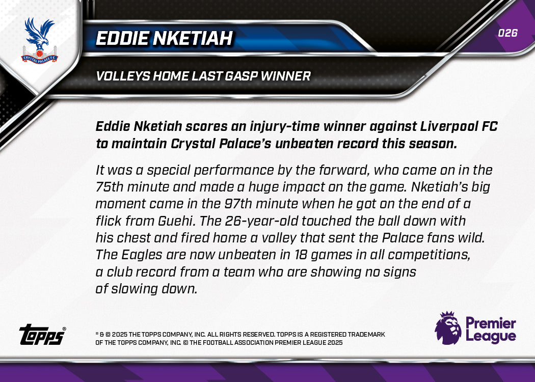 Eddie Nketiah - 2025-26 Premier League Topps NOW® - Card 26 - PR: 229