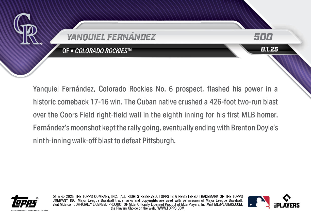 Yanquiel Fernández - 2025 MLB Topps NOW® - Card 500 - PR: 640
