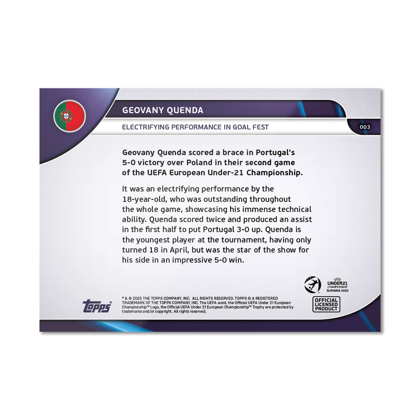 Geovany Quenda - 2025 UEFA Euro U-21 Topps NOW® - Card 3 - PR: 325