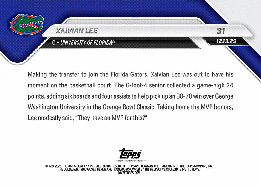 Xaivian Lee - 2025-26 Bowman U NOW® Basketball - Card 31 - PR: 629