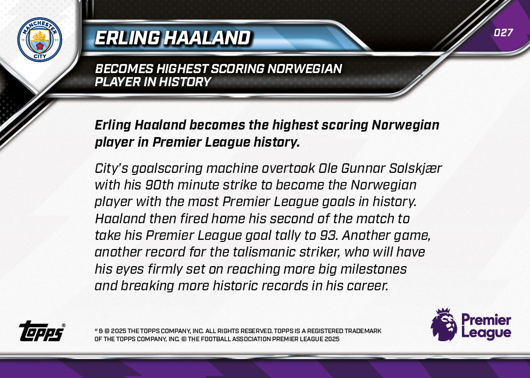 Erling Haaland - 2025-26 Premier League Topps NOW® - Card 27 - PR: 1315