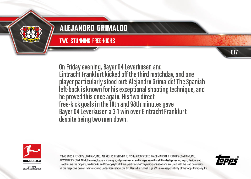 Alejandro Grimaldo - 2025-26 Bundesliga Topps NOW® - Card 17 - PR: 231
