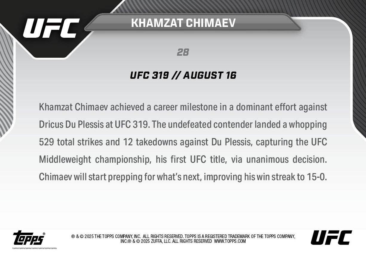 Khamzat Chimaev - 2025 UFC Topps NOW® - Card 28 - LOOK FOR AUTOS - PR: 6042