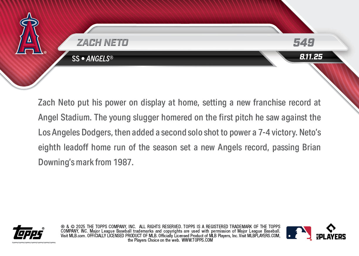 Zach Neto - 2025 MLB Topps NOW® - Card 549 - PR: 595
