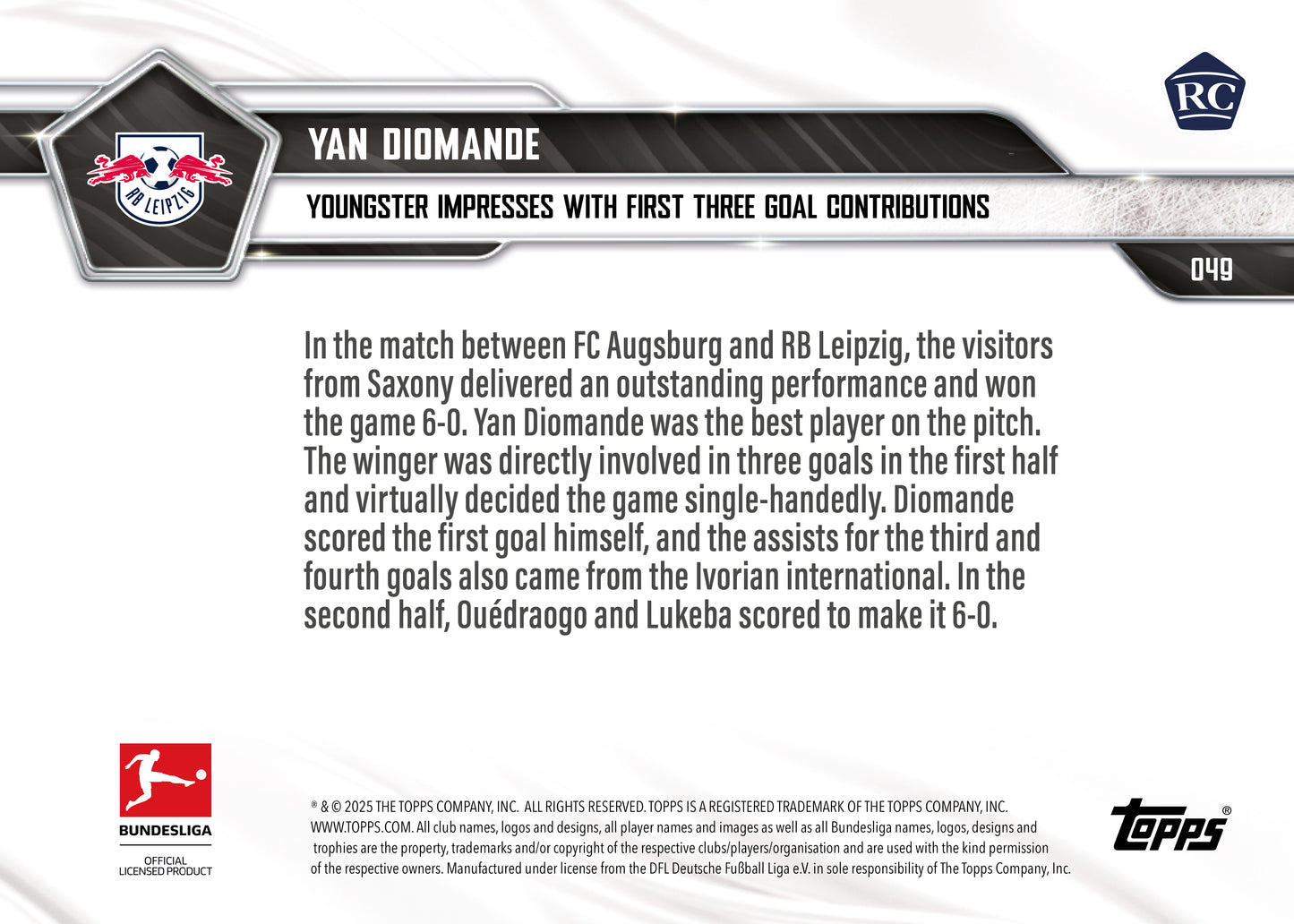 Yan Diomande - 2025-26 Bundesliga Topps NOW® - Card 49 - PR: 783