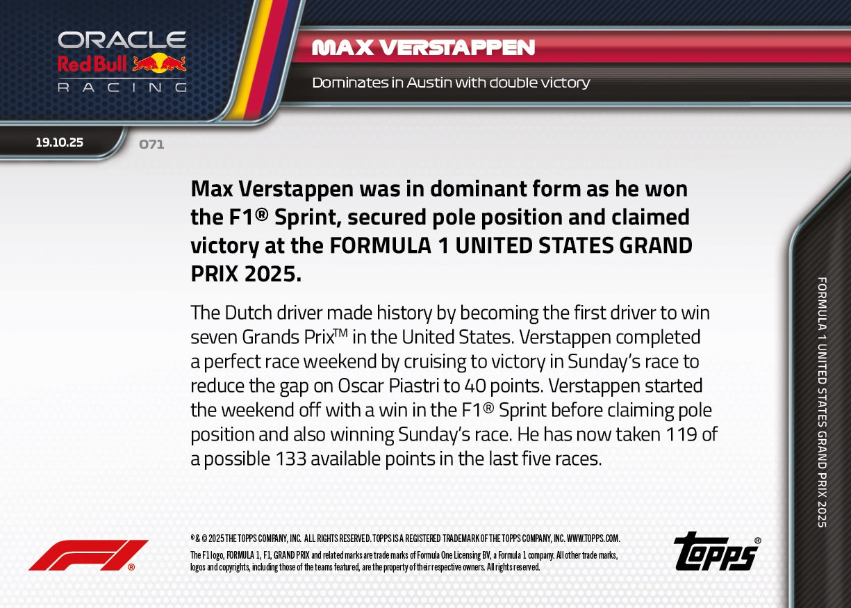 Max Verstappen - 2025 Formula 1® Topps NOW® - Card 71 - PR: 2325