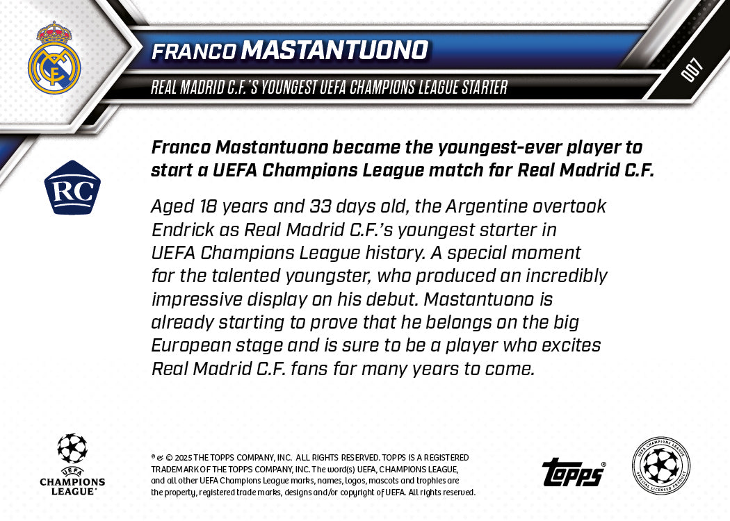 Franco Mastantuono - 2025-26 UCL Topps NOW® Card 7 - PR: 4205