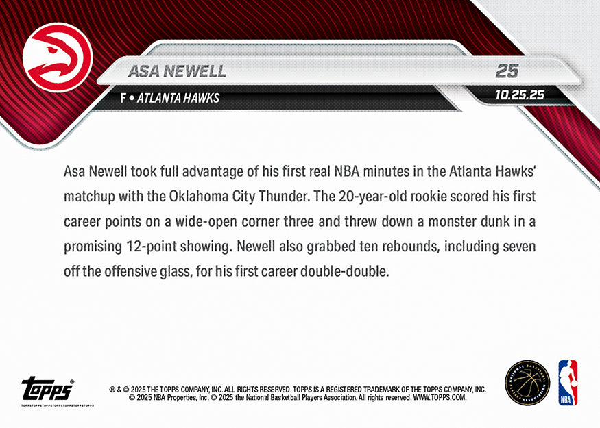 Asa Newell - 2025-26 NBA Topps NOW® - Card 25 - PR: 419