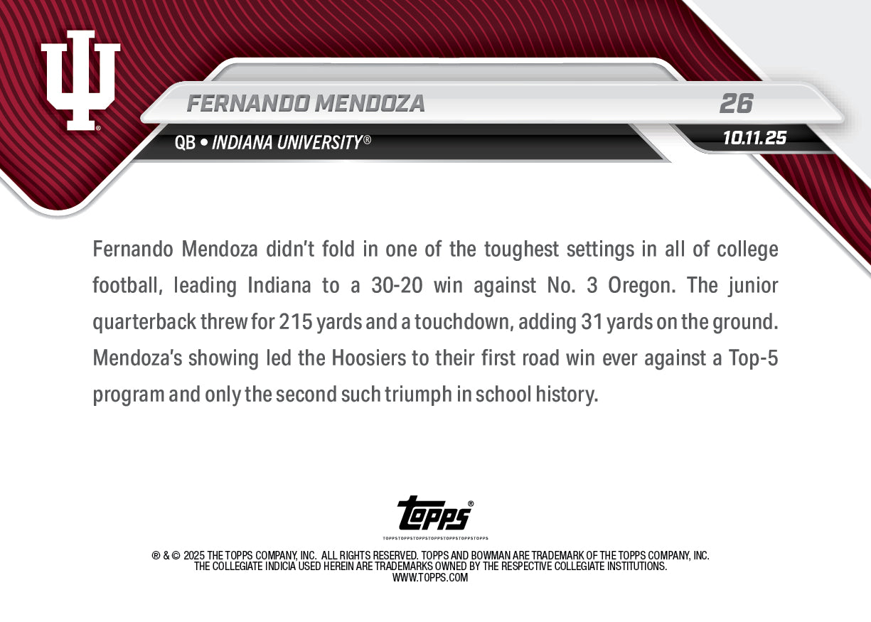 Fernando Mendoza - 2025-26 Bowman U NOW® Football - Card 26 - PR: 2475