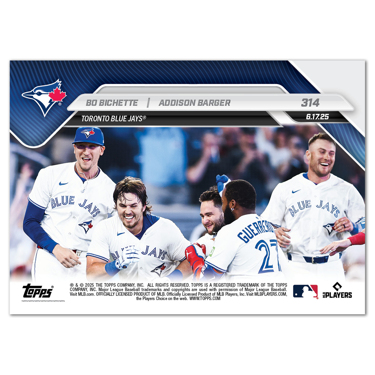 Bo Bichette / Addison Barger - 2025 MLB Topps NOW® - Card 314 - PR: 439