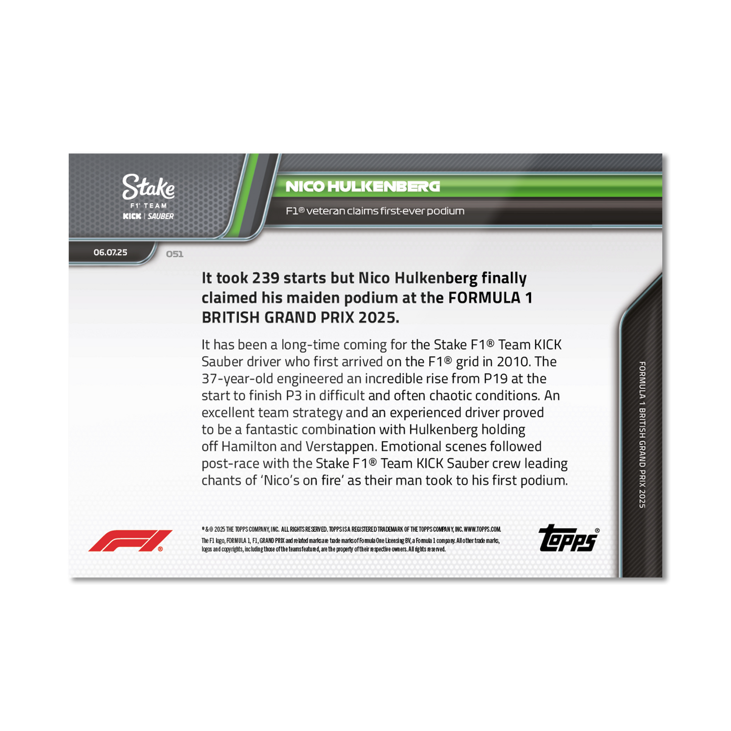 Nico Hulkenberg - 2025 Formula 1® Topps NOW® - Card 51 - PR: 4055