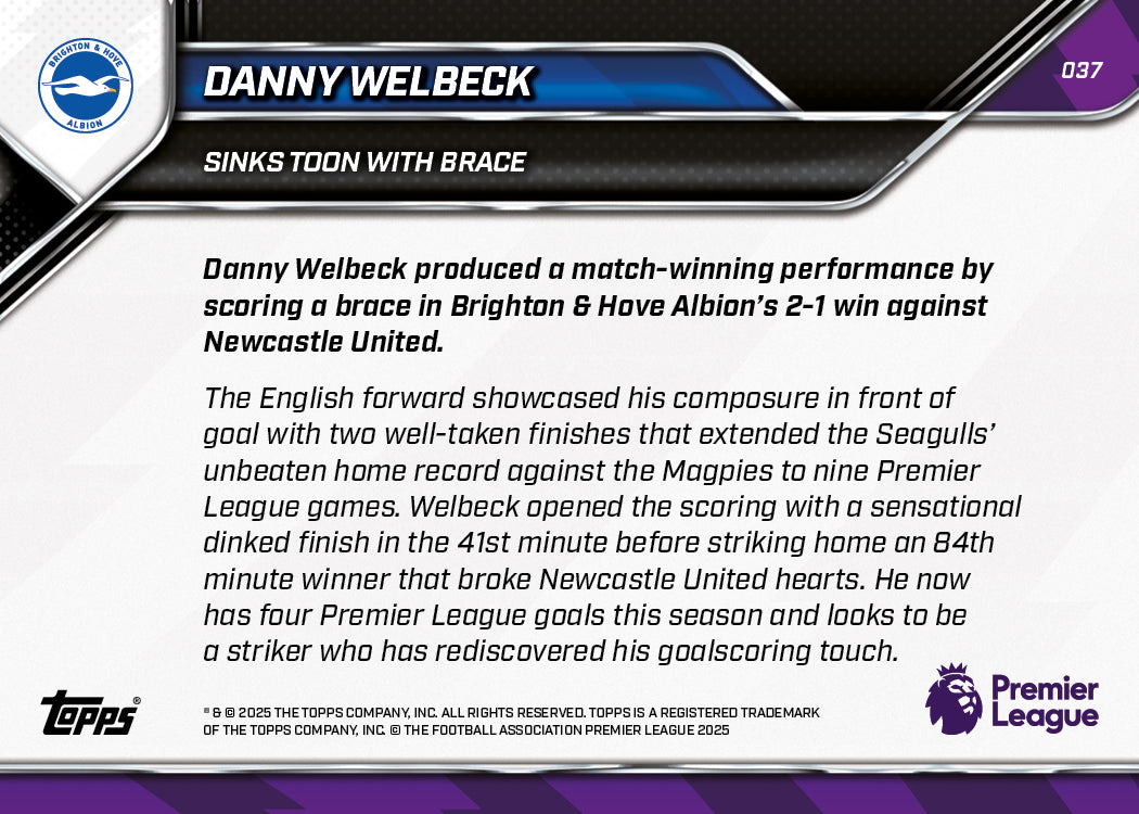 Danny Welbeck - 2025-26 Premier League Topps NOW® - Card 37 - PR: 154