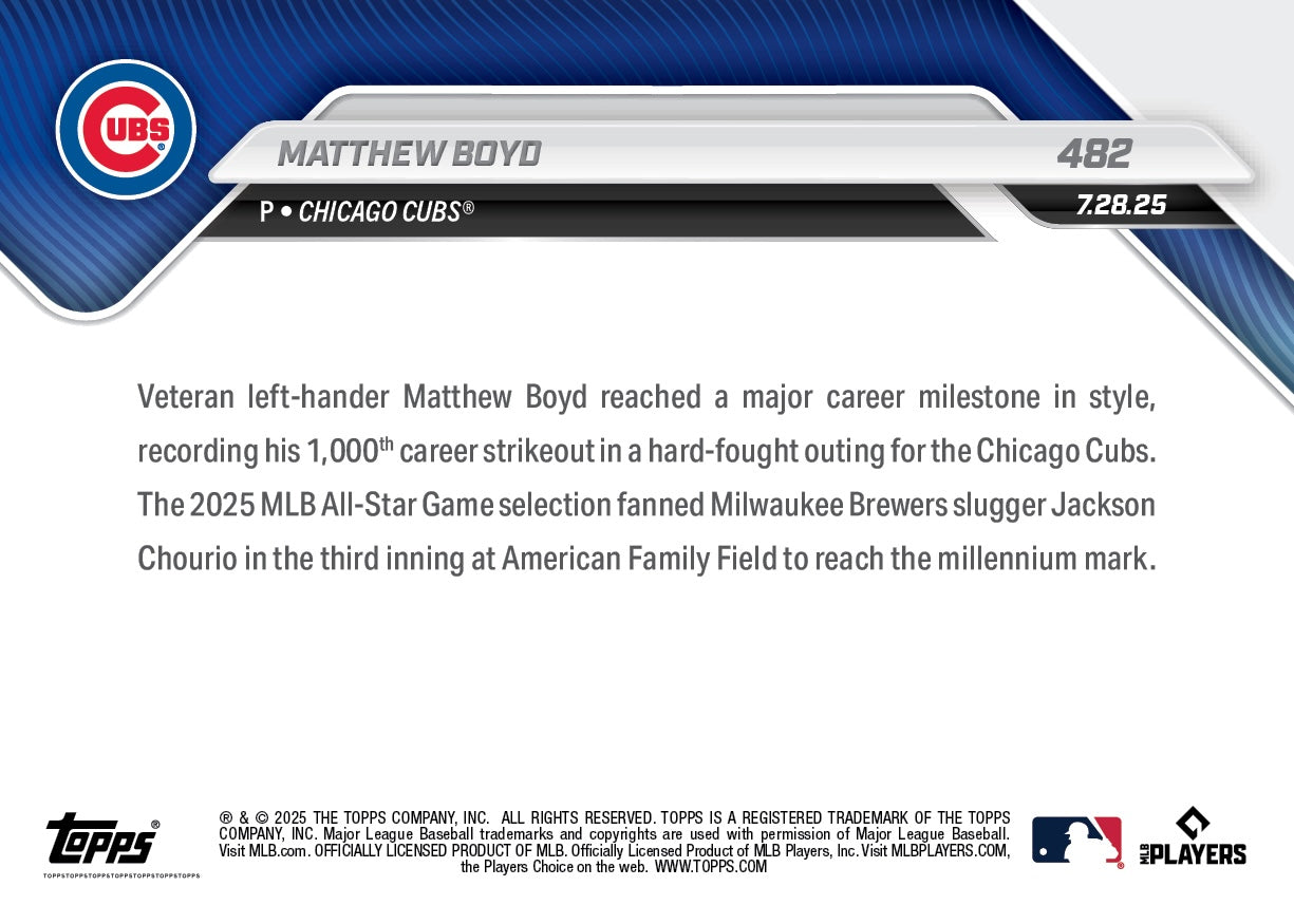 Matthew Boyd - 2025 MLB Topps NOW® - Card 482 - PR: 487