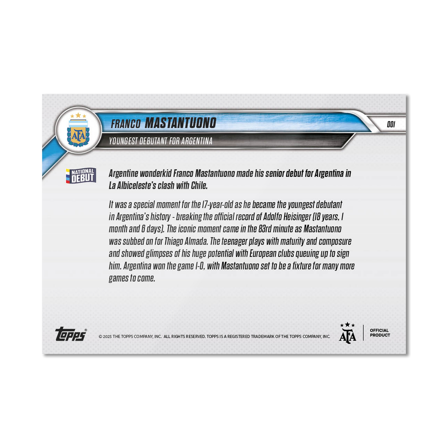 Franco Mastantuono - 2024-25 Argentina Topps NOW® - Card 1 - PR: 7463