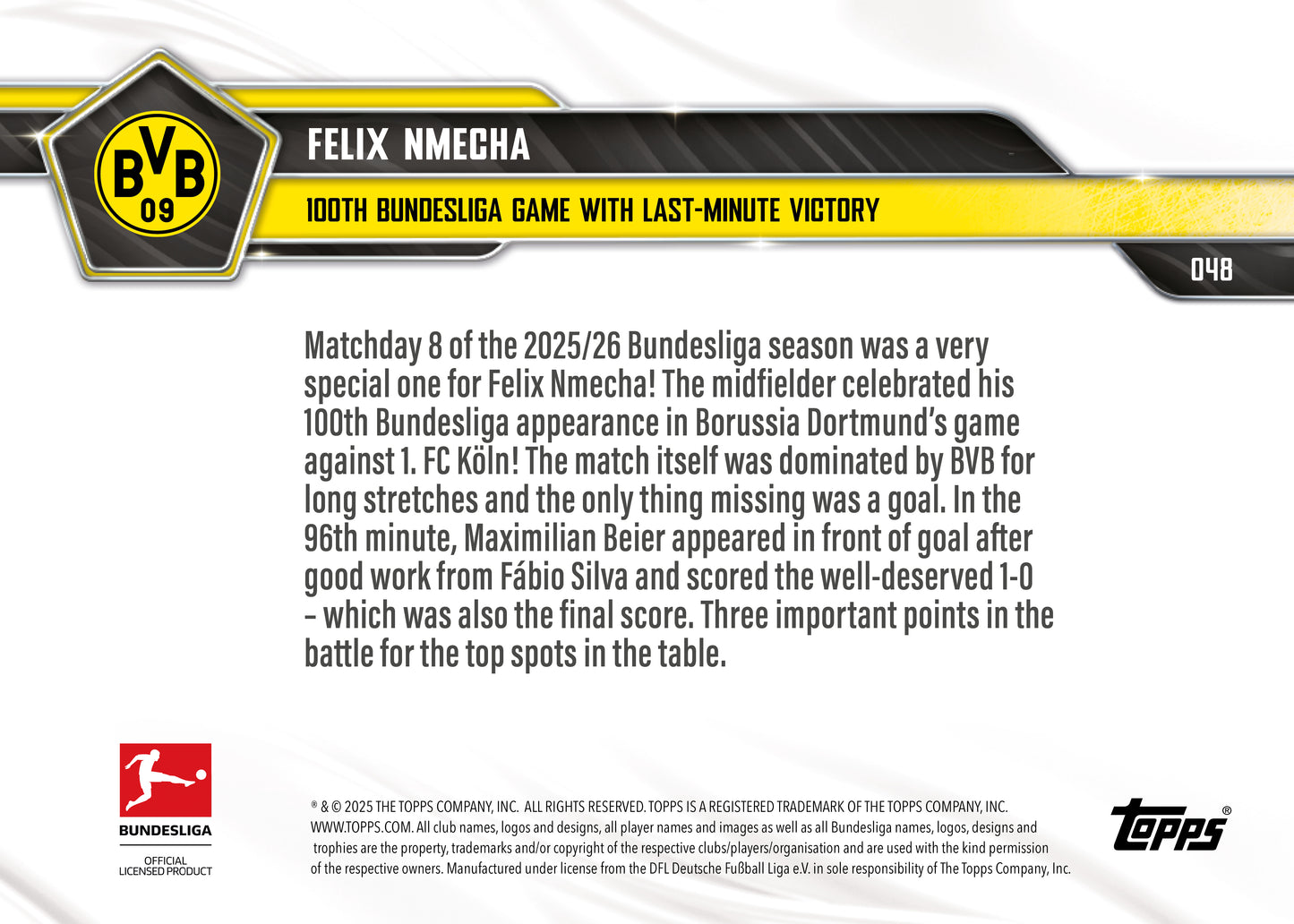 Felix Nmecha - 2025-26 Bundesliga Topps NOW® - Card 48 - PR: 252